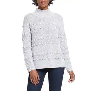 Nic + Zoe Sweater Adore A Ball Womens Large Gray Pompom Texture Stripe Mockneck